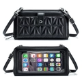 Black quilted leather touchscreen phone bag with adjustable shoulder strap and back window - Black