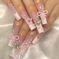 Pink gradient long coffin press-on nails with 3D pearls, bows, and heart rhinestones - Pink 3D Pearl Heart Style - Glue Type (SGCY-202)