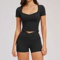 Women's black two-piece yoga set with square neck crop top and V-waist shorts - S / Premium Black