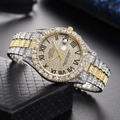 Macro shot of gold-silver tone watch with full rhinestones and Roman numeral dial - Two-tone Case Gold Diamond Dial