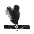 Bandeau à plumes noires Gatsby des années 1920 avec paillettes et pierre bleue - Plume Paillette - Pendentif Bleu
