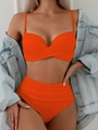 Solid bright orange ribbed two-piece bikini set with high waist bottom and knotted top - S / Orange
