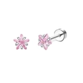 Macro detail of star-shaped pink crystal stud earrings with silver screw flat backs - Pink Star Zirconia