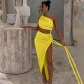 Vibrant yellow two-piece set with a one-shoulder cropped top and high-slit long skirt - Yellow