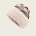 Winter checkered knit beanie in blue and orange with thick off-white plush faux fur trim - Color Block Plaid-Beige