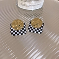 Gold-plated pearl flower earrings with black and white checkerboard square detail - Hammered Disc Grid Studs / Black White Checker