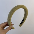 French style fuzzy plush headband in moss green with handmade label for high cranial top - Woolen Headband / Yellow-Green