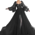 Elegantes schwarzes schulterfreies Abendkleid aus Mesh mit Puffärmeln und Schlitz - S / Schwarz