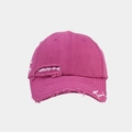 Detail of distressed rose red cotton baseball cap featuring frayed edges and embroidery - Violet