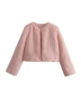 Détail de la veste en fausse fourrure rose montrant la texture et la doublure - XS / Rose