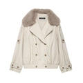 Chaqueta corta cruzada crema con cuello de piel sintética gris y puños ajustables - XS / Blanco lechoso