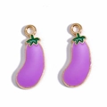 Detailed view of two purple eggplant enamel charms with green leaf and gold-plated edges - Eggplant
