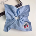 Blue plaid fabric hair scrunchie with cherry embroidery and white lace trim detail - Blue Scarf Cherry Patch