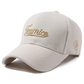 Beige baseball cap featuring Fearnice embroidery and curved brim in 45-degree view - Light Beige