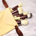 13pcs makeup brush set with dark brown handles and beige pouch on white gauze with pearls - 13 Pieces / Yellow With Cloth Bag