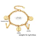 Gold stainless steel chain bracelet with Queen Elizabeth coin charms and V-shaped pendants - Gold-Letter V