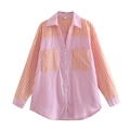 Women's pink and orange striped long sleeve shirt and shorts set on white background - Color Block Striped Top