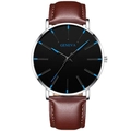 Slim Geneva men's quartz watch with black dial, blue needles and brown leather strap - Leather Strap Brown Band Silver Case Blue Hands