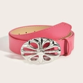 Cintura in pelle PU rosa con fibbia floreale in strass argento e stile vintage americano - Rosso Prugna