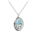 Vintage silver oval locket necklace with light blue stone and floral engraving - Silver Turquoise