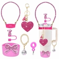 Pink rhinestone accessories set for Stanley cup with heart keychain and straw cap - Pink Gold Versatile Decor Set