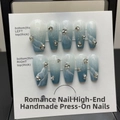 Blue ocean marble press-on nails with silver glitter and rhinestone details - Extra Small (XS)