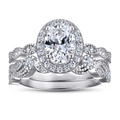 Macro detail of 925 silver oval cut moissanite engagement ring set with halo pave setting - US Size 5 / Oval Halo Ring Set (TL-240) / White Gold