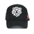Detailed tiger head embroidery and red scratch marks on black mesh trucker cap - White Tiger Head