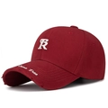 Burgundy baseball cap with white embroidered R letter and distressed ripped brim details - Adjustable / Burgundy