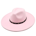Detail of pink wool felt jazz hat featuring black leather band with metallic rivets - M (56-58cm) / Pink