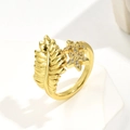 18K gold plated feather leaf open ring with zircon star design on a white pedestal - Adjustable Open / Feather Star Gold Style (11725)