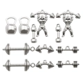 Set di ciondoli fitness in argento con kettlebell e manubri per creazione gioielli DIY - Serie Sollevamento Pesi Argento Antico Mista 12 pezzi (6 stili da 2 pezzi ciascuno)