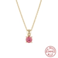 Close-up of 925 sterling silver gold necklace with pink round gemstone in 4-prong setting - Gold-October