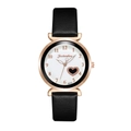 Detail of rose gold watch case with heart pattern on white dial and black leather strap - Black
