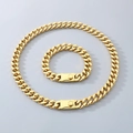 Golden Cuban link necklace and bracelet set with secure box clasp on grey background - Style B Gold / 9mm Wide, 21cm Bracelet