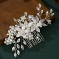 Silver bridal hair comb with pearls and crystals on a wooden base for wedding hair styling - 11# Silver Hair Comb