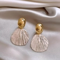 Elegant French style scallop earrings with smooth gold oval studs and textured shell pendants - A2621 Gold Sphere Fan Dangle