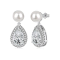 Elegant S925 sterling silver drop earrings with white pearls and halo cubic zirconia - Pear Cut Zirconia Pearl Drop Earrings / Silver
