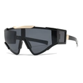 Black oversized visor sunglasses with dark grey lenses and gold metal accents - Black Frame Grey Lens