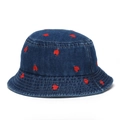 Distressed dark blue denim bucket hat for kids with red embroidered heart patterns - 50cm (Recommended 1-3 Years) / Heart - Dark Blue