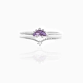 Macro detail of stacked silver rings with purple gemstone and V-shaped crystal design - US 7 / Silver Two-Piece Set (Purple Gem)