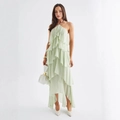 French style mint green halter neck tiered maxi dress with ruffles for beach vacation - S / Light Green