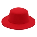 Elegant red wool felt boater hat with a wide brim and flat top for men and women - 6.5cm Brim Width / Red Dome