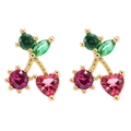 Cute cherry stud earrings with pink heart gemstones and green leaves in gold finish - Cherry