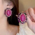 Vintage oval rose red crystal earrings with colorful beads and gold woven frame - Rose Red Baroque Beaded Earring (40# Silver Needle)