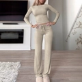 Women's rib-knit long sleeve t-shirt and wide leg trousers set in beige color - S / Light Khaki