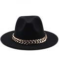Detail of black wool fedora hat featuring a stylish gold chunky cuban chain band - XL (Above 60cm) / Black