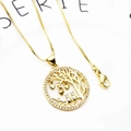 Detailed macro view of a gold-plated tree of life pendant with heart and owl accents - Tree of Life-Small Gold (with Necklace)