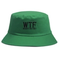 Green fishing bucket hat with black Where's the fish slogan and rod graphic on white back - Green