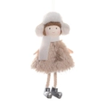 Handgemaakte pluche kerstengel in beige jurk en witte muts met handig ophangkoord - Bruin